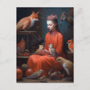 Mädchen mit seltsamen und wackeligen Vögeln Postkarte