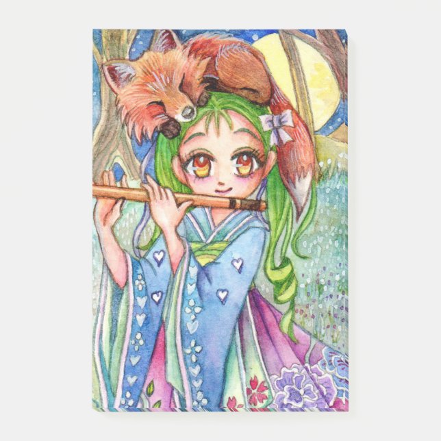 Mädchen mit Sleepy Fox Post-it Klebezettel (Vorderseite)