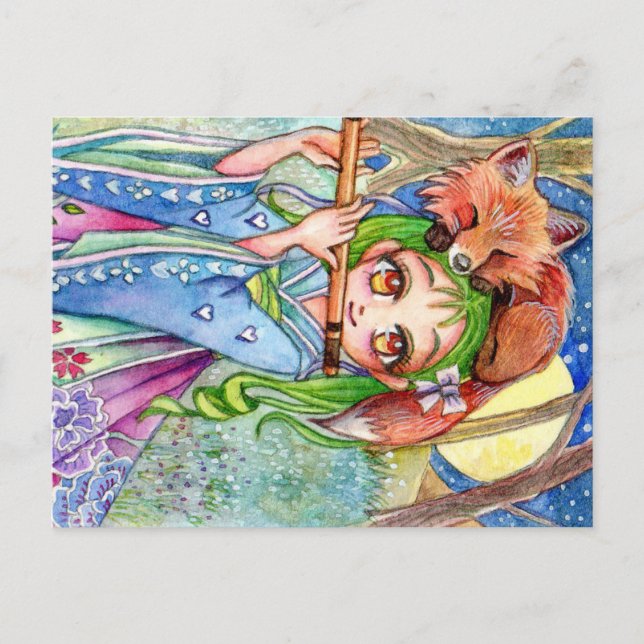 Mädchen mit Sleepy Fox Postkarte (Vorderseite)