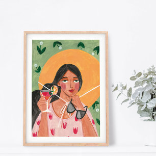 Mädchen mit Sommerhütte Sonnenbrille Blumentapete Poster