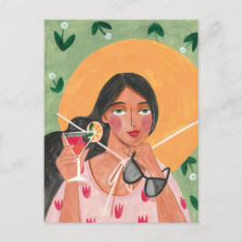 Mädchen mit Sommerhütte Sonnenbrille Blumentapete Postkarte