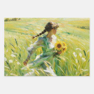 Mädchen mit Sonnenblumen auf einem sommerlichen Fe Geschenkpapier Set
