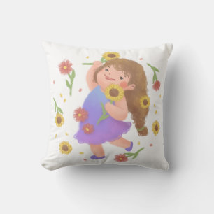 Mädchen mit Sonnenblumen-Illustration Kissen