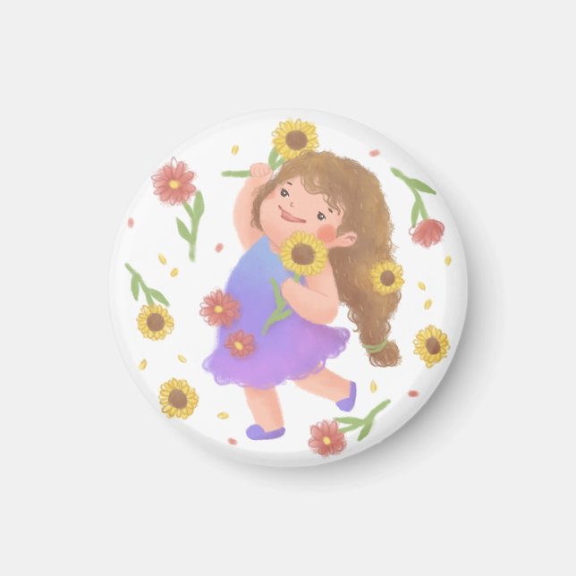 Mädchen mit Sonnenblumen-Illustration Magnet (Vorne)