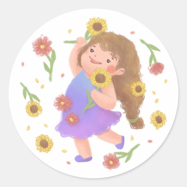 Mädchen mit Sonnenblumen-Illustration Runder Aufkleber (Vorderseite)
