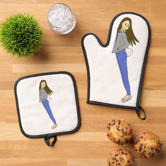 Mädchen mit sonnigen Schwänzen Ofenhandschuh & Topflappen-Set (Oben Unten)