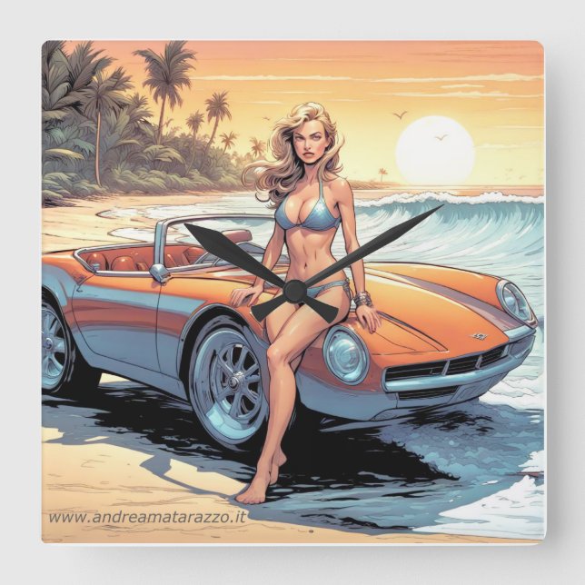 Mädchen mit Sportwagen Quadratische Wanduhr (Vorderseite)