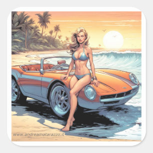Mädchen mit Sportwagen Quadratischer Aufkleber