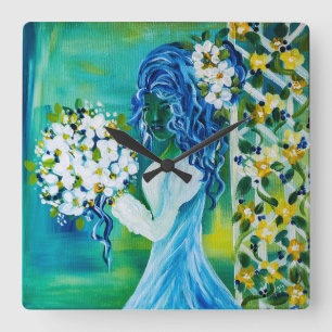 Mädchen mit Spring Bouquet Quadratische Wanduhr
