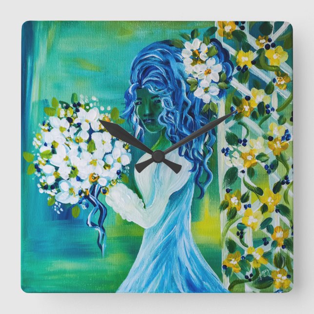 Mädchen mit Spring Bouquet Quadratische Wanduhr (Vorderseite)