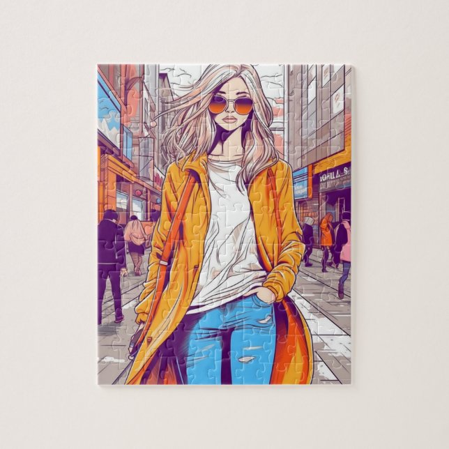 Mädchen mit Sunglass auf der Straße Puzzle (Vertikal)
