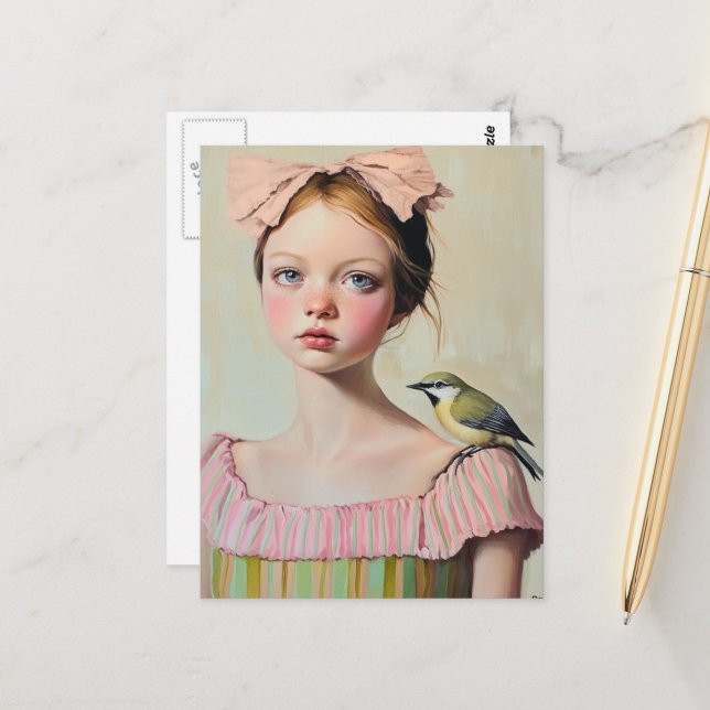 Mädchen mit süßem Vogel auf ihrer Schulter Postkarte (Vorderseite/Rückseite Beispiel)