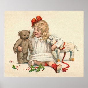 Mädchen mit Teddy und Lamm Poster