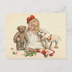 Mädchen mit Teddy und Lamm Postkarte