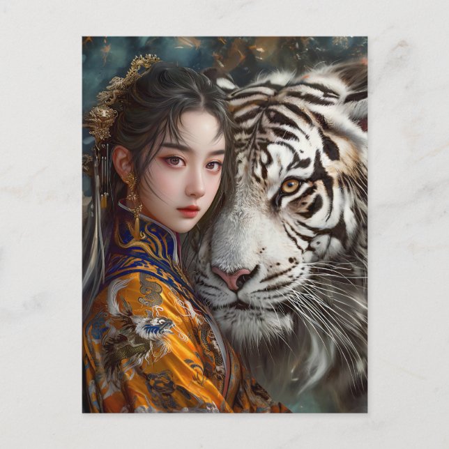 Mädchen mit Tiger Chinesischer Zodiac Art Postkarte (Vorderseite)