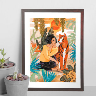 Mädchen mit Tiger Sonnenuntergang Dschungel Poster