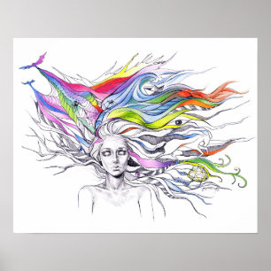 Mädchen mit Träumen in ihrem Haar Surreal Fantasy  Poster