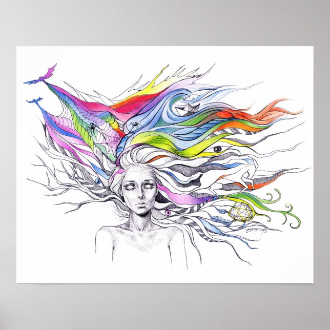 Mädchen mit Träumen in ihrem Haar Surreal Fantasy  Poster (Vorne)