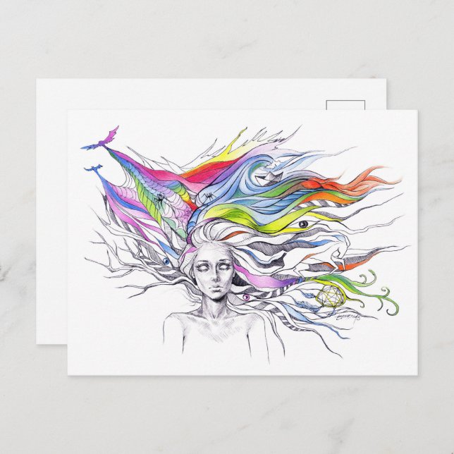 Mädchen mit Träumen in ihrem Haar Surreal Fantasy  Postkarte (Vorne/Hinten)