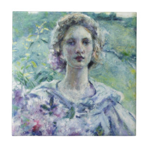 Mädchen mit violetten Blumen (von Robert Reid) Fliese