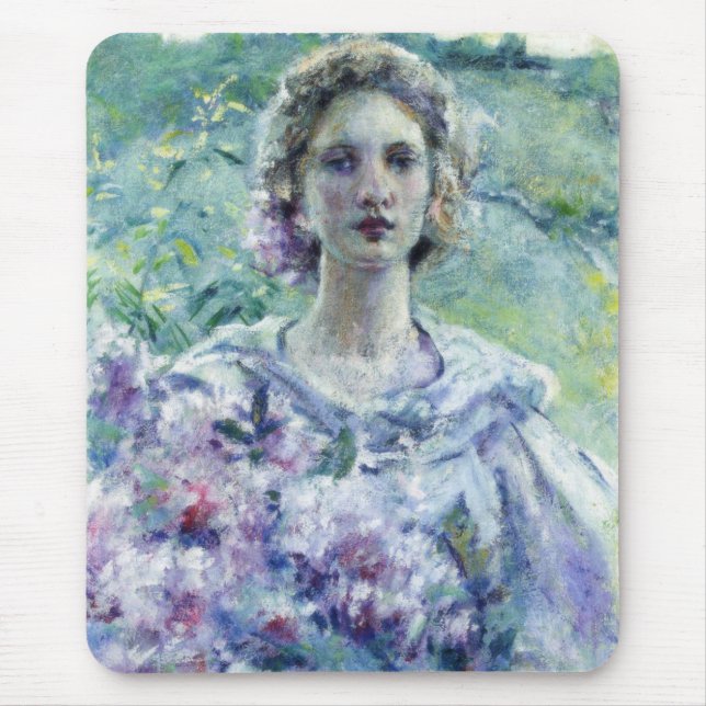 Mädchen mit violetten Blumen (von Robert Reid) Mousepad (Vorne)