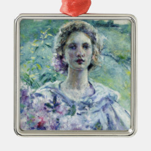 Mädchen mit violetten Blumen (von Robert Reid) Ornament Aus Metall