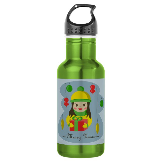 Mädchen mit Weihnachts-Geschenkboxen Edelstahlflasche (Vorderseite)