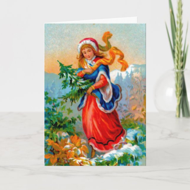 Mädchen mit Weihnachtsbaum Feiertagskarte (Vorderseite)