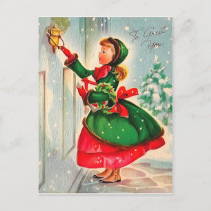 Mädchen mit Weihnachtskranz an der Tür Postkarte