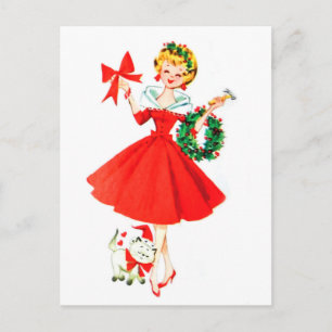 Mädchen mit Weihnachtskranz und ihrer kleinen Katz Postkarte
