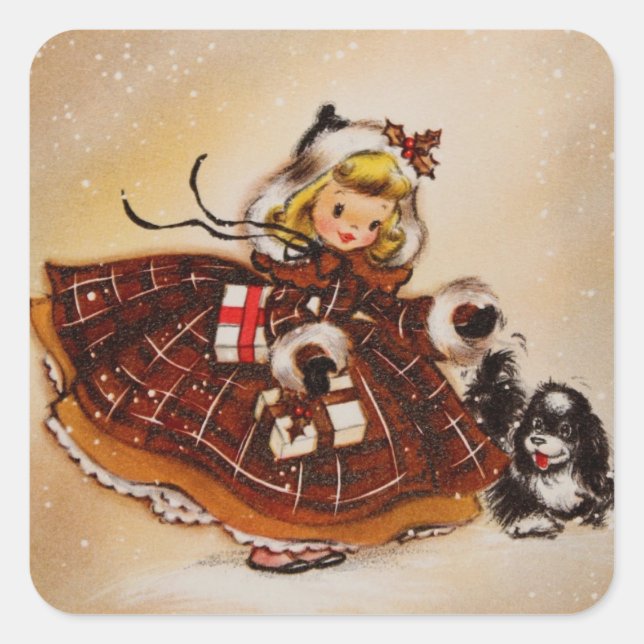 Mädchen mit Weihnachtswelpen Quadratischer Aufkleber (Vorderseite)