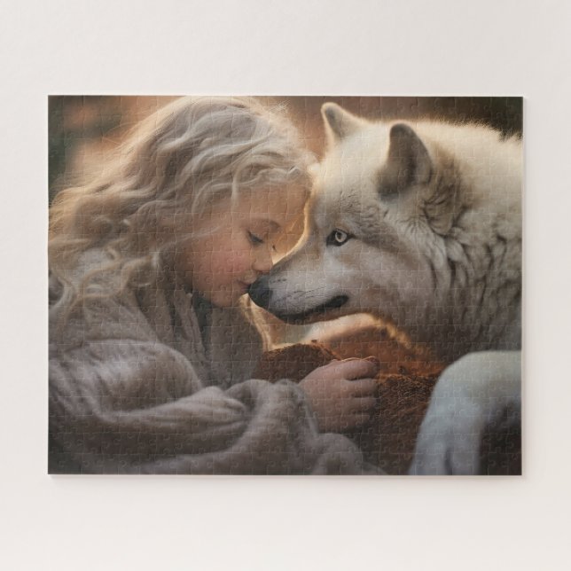 Mädchen mit weißem Wolf Puzzle (Horizontal)