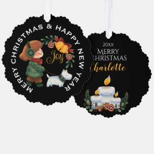 Mädchen mit White Scottie Dog, PERSONALISIERT Chri Ornament Karte