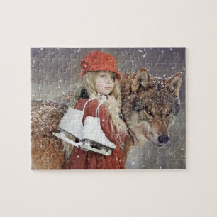 Mädchen mit Wolf und Schlittschuhen Winter-Puzzle Puzzle
