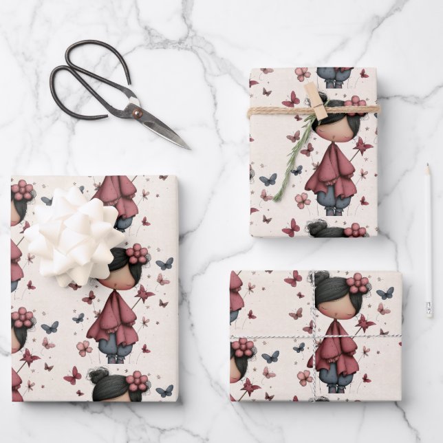 Mädchen mit Zauberstab und Schmetterlingsmuster Geschenkpapier Set (Vorderseite)