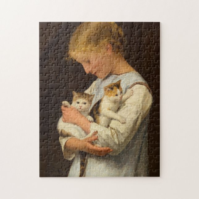 Mädchen mit zwei Katzen, 1888 von Albert Anker Puzzle (Vertikal)