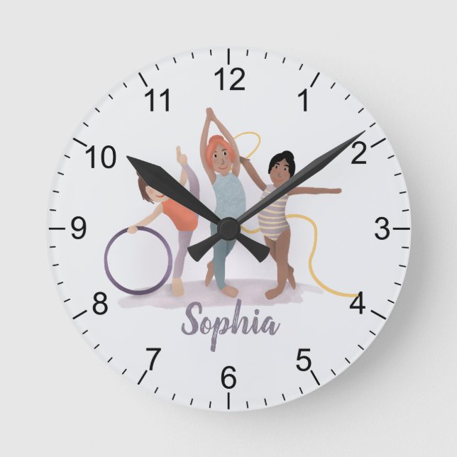 Mädchen Moderne Lila Gymnastik Kinder Runde Wanduhr (Vorderseite)