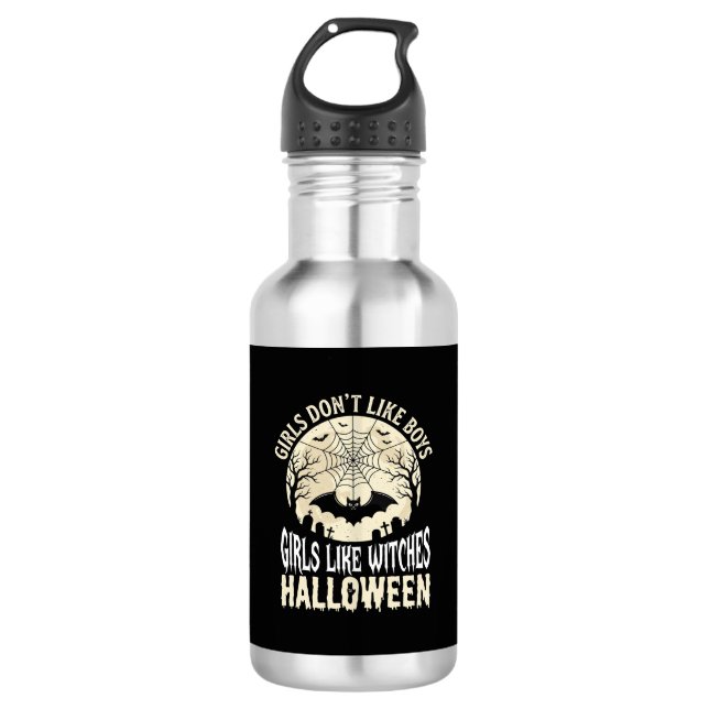 Mädchen mögen Hexen Halloween-Fledermaus-Design_1 Edelstahlflasche (Vorderseite)