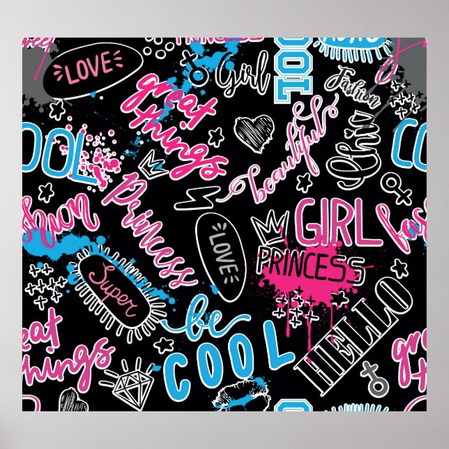 Mädchen Muster mit kalligrafischem Slogan, Herz, Poster (Vorne)