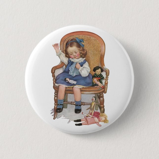 Mädchen näht Puppen Button (Vorderseite)