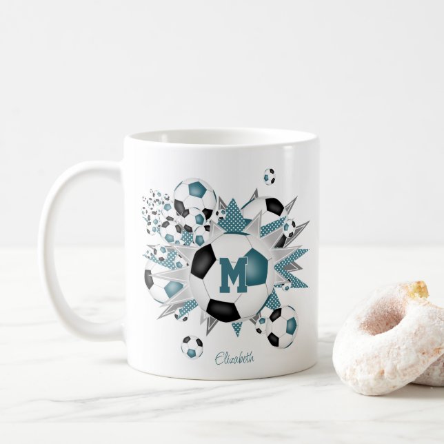 Mädchen nennen Fußballbälle Sterne aquamarin schwa Kaffeetasse (Mit Donut)