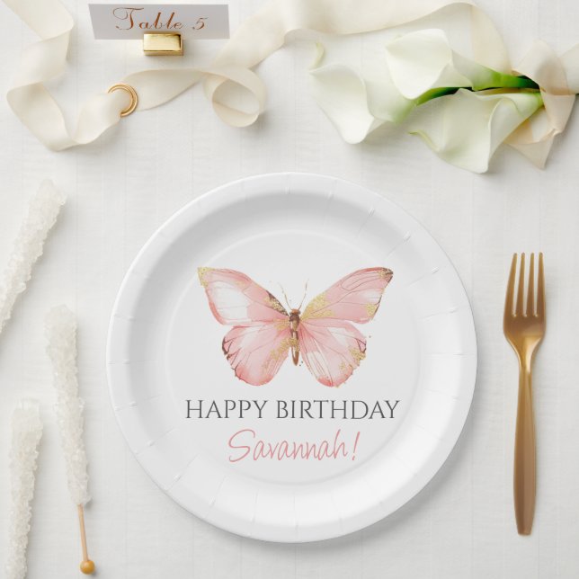 Mädchen Niedlich Blush Pink Butterfly 1. Geburtsta Pappteller (Hochzeit)