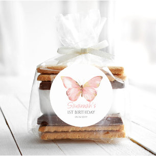 Mädchen Niedlich Blush Pink Butterfly 1. Geburtsta Runder Aufkleber