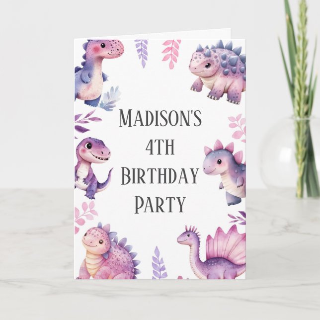 Mädchen Niedlich Dinosaur Themed Geburtstag Einladung (Vorderseite)