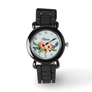 Mädchen Niedlich Floral Wasserfarben Blume und Na Armbanduhr