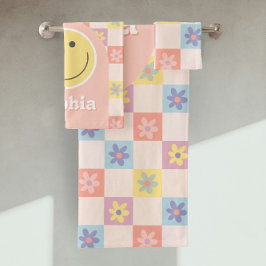 Mädchen Niedlich Groovy Pink Retro 70er Kids Monog Badhandtuch Set