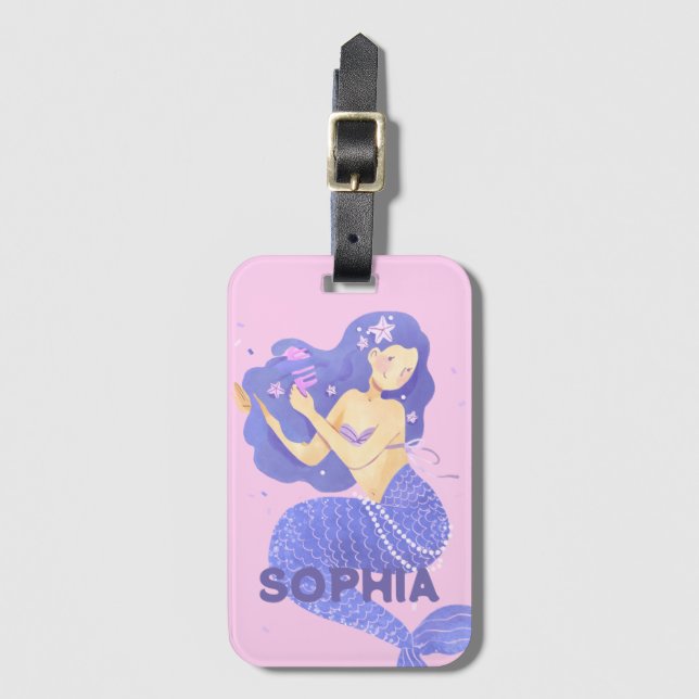 Mädchen Niedlich Lila Mermaid Name Personalisiert  Gepäckanhänger (Vorderseite Vertikal)