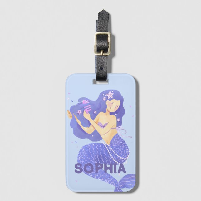 Mädchen Niedlich Lila Mermaid Name Personalisiert  Gepäckanhänger (Vorderseite Vertikal)