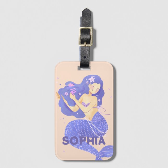 Mädchen Niedlich Lila Mermaid Name Personalisiert  Gepäckanhänger (Vorderseite Vertikal)