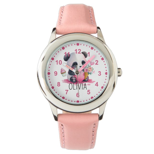 Mädchen Niedlich Panda Bären Blume Rosa Individuel Armbanduhr (Vorderseite)